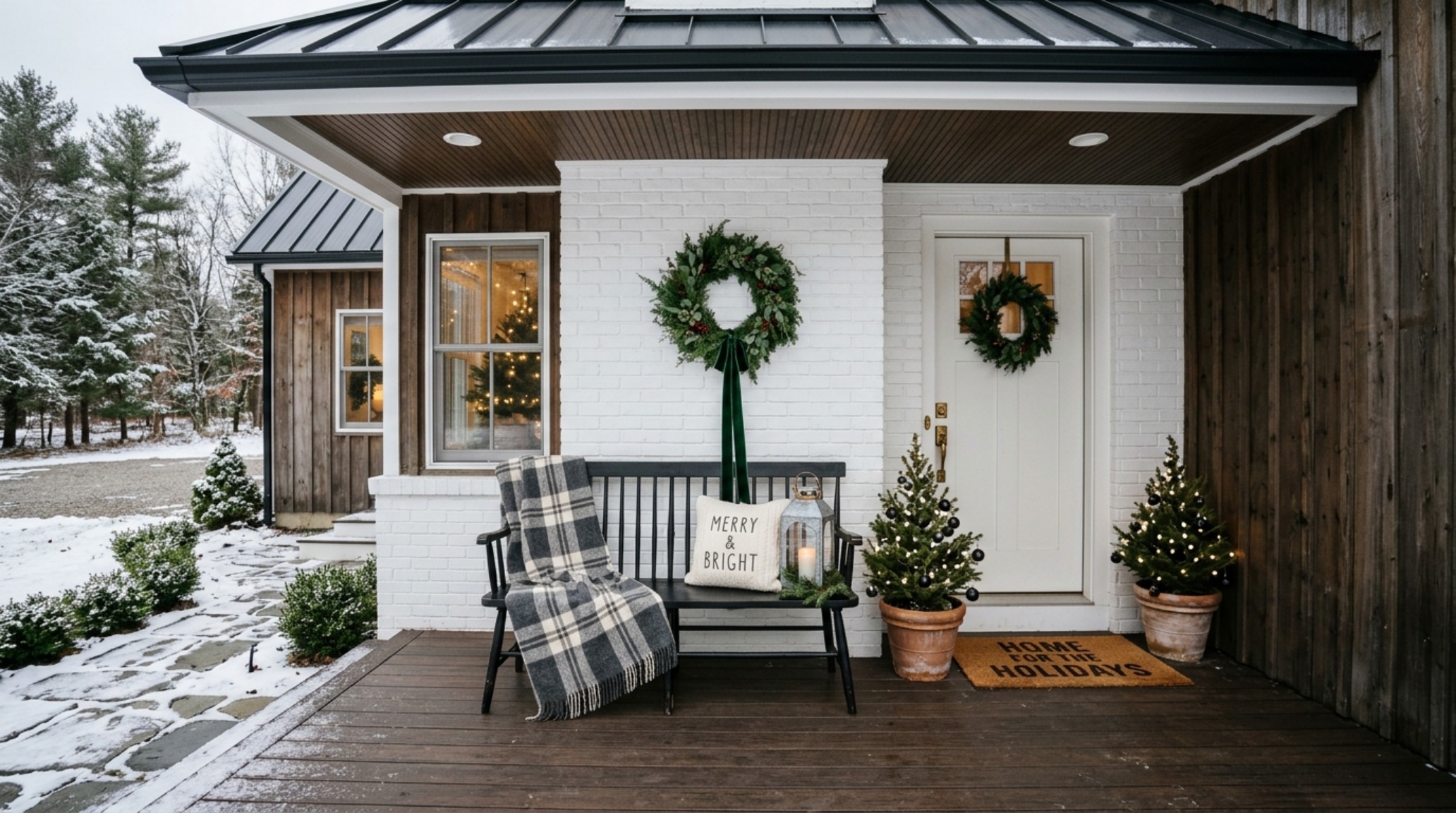 Modern farmhouse christmas porch styling with a matte black spindle bench and chunky knit wool textiles.