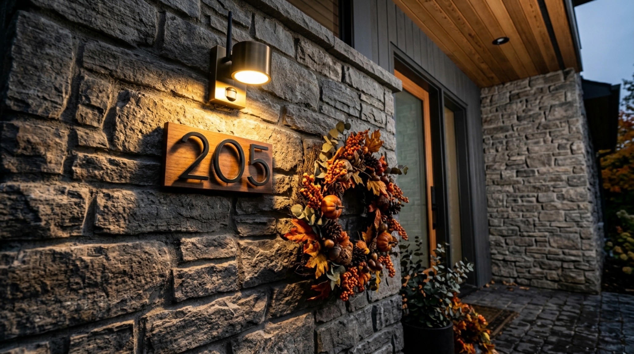 Battery-operated smart porch lighting reflecting off a snowy threshold with a high-gloss navy blue door.