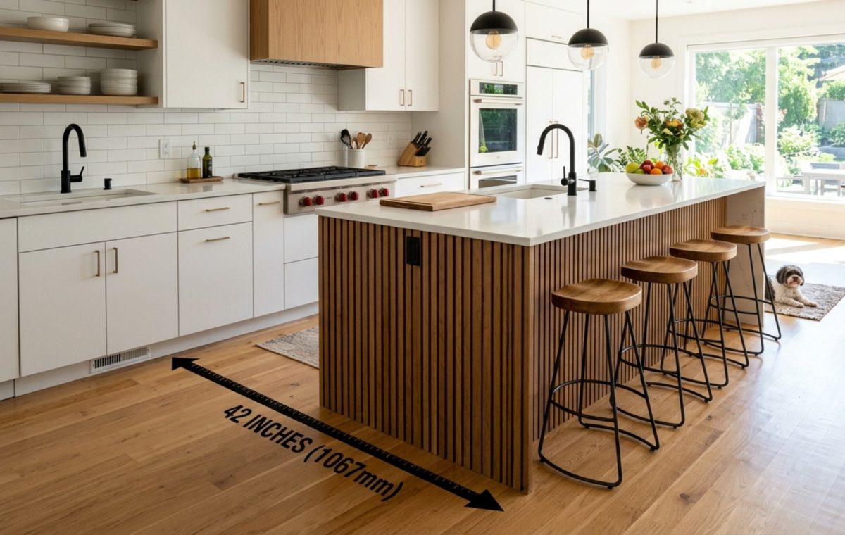 kitchen island clearance guidelines demonstrated in a luxury kitchen with 45-inch walkways and rift-cut oak cabinetry.
