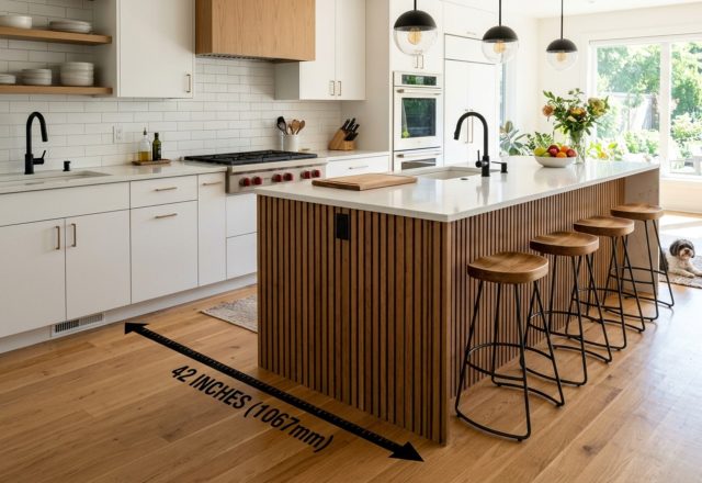 kitchen island clearance guidelines demonstrated in a luxury kitchen with 45-inch walkways and rift-cut oak cabinetry.