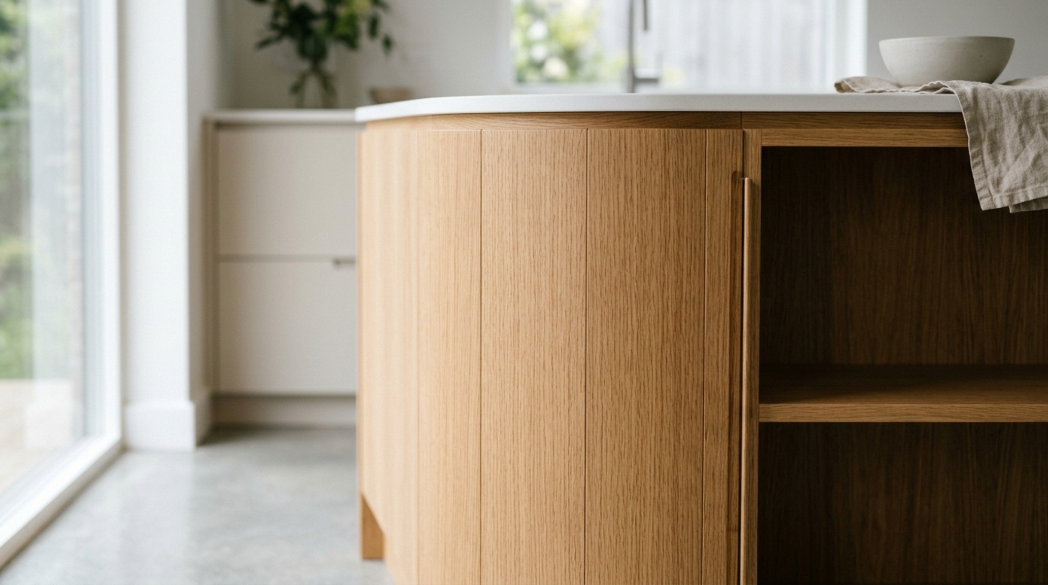 rift-cut oak kitchen finishes detailing the linear grain and tactile quality of custom island joinery.