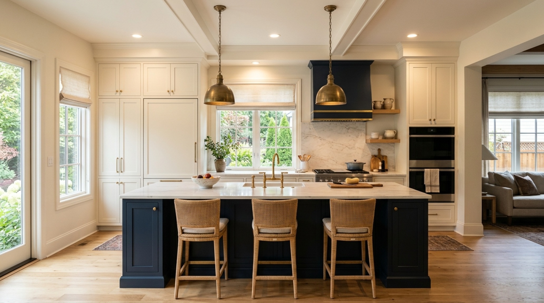 two-tone kitchen cabinetry palettes showing a charcoal gray island against warm white perimeter cabinets with brass hardware.