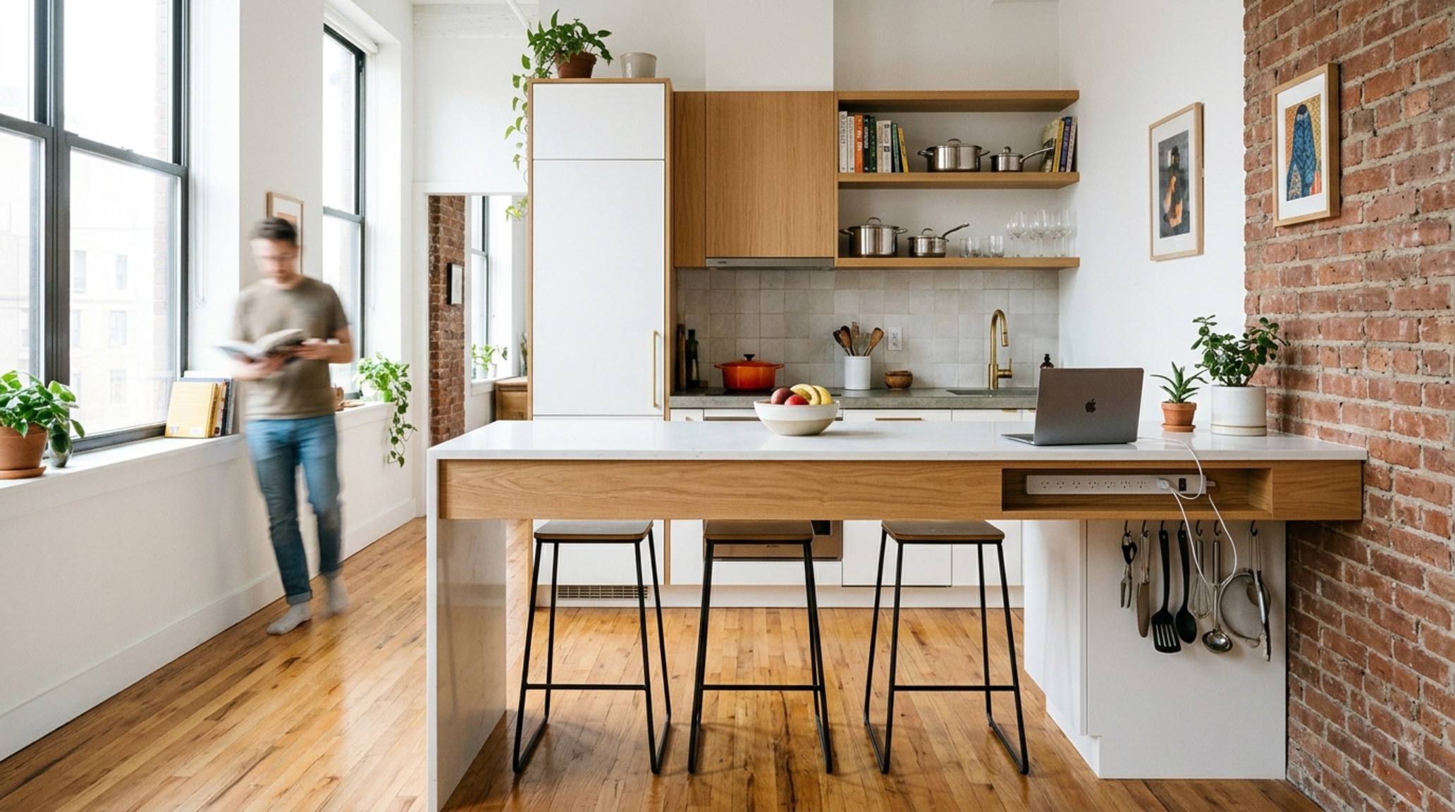 small kitchen island space-saving hacks including a cantilevered breakfast bar and hidden under-counter outlets.