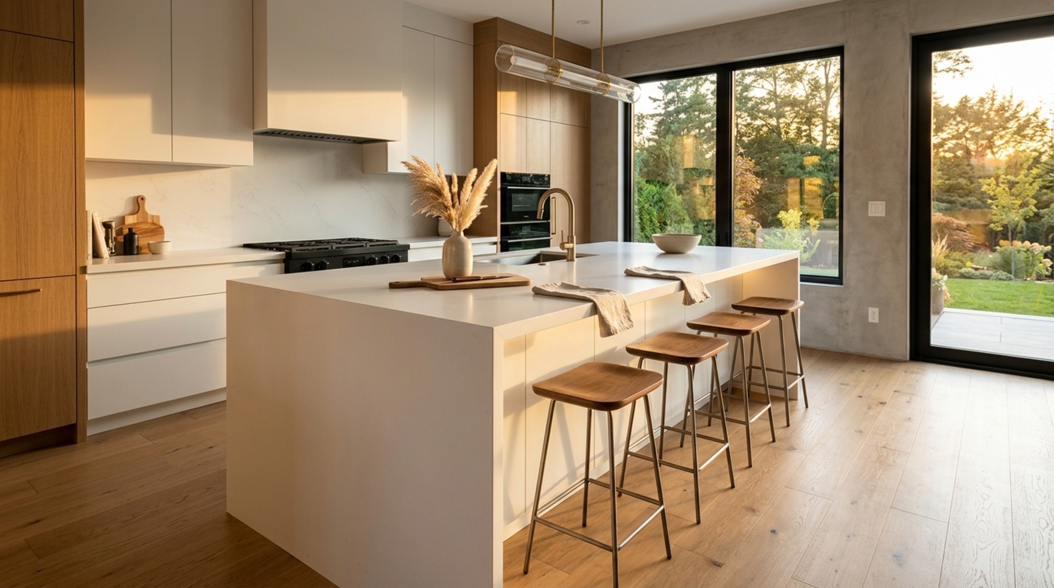 modern waterfall countertop trends showcased in a thin-profile porcelain island with mitered edges and minimalist stools.