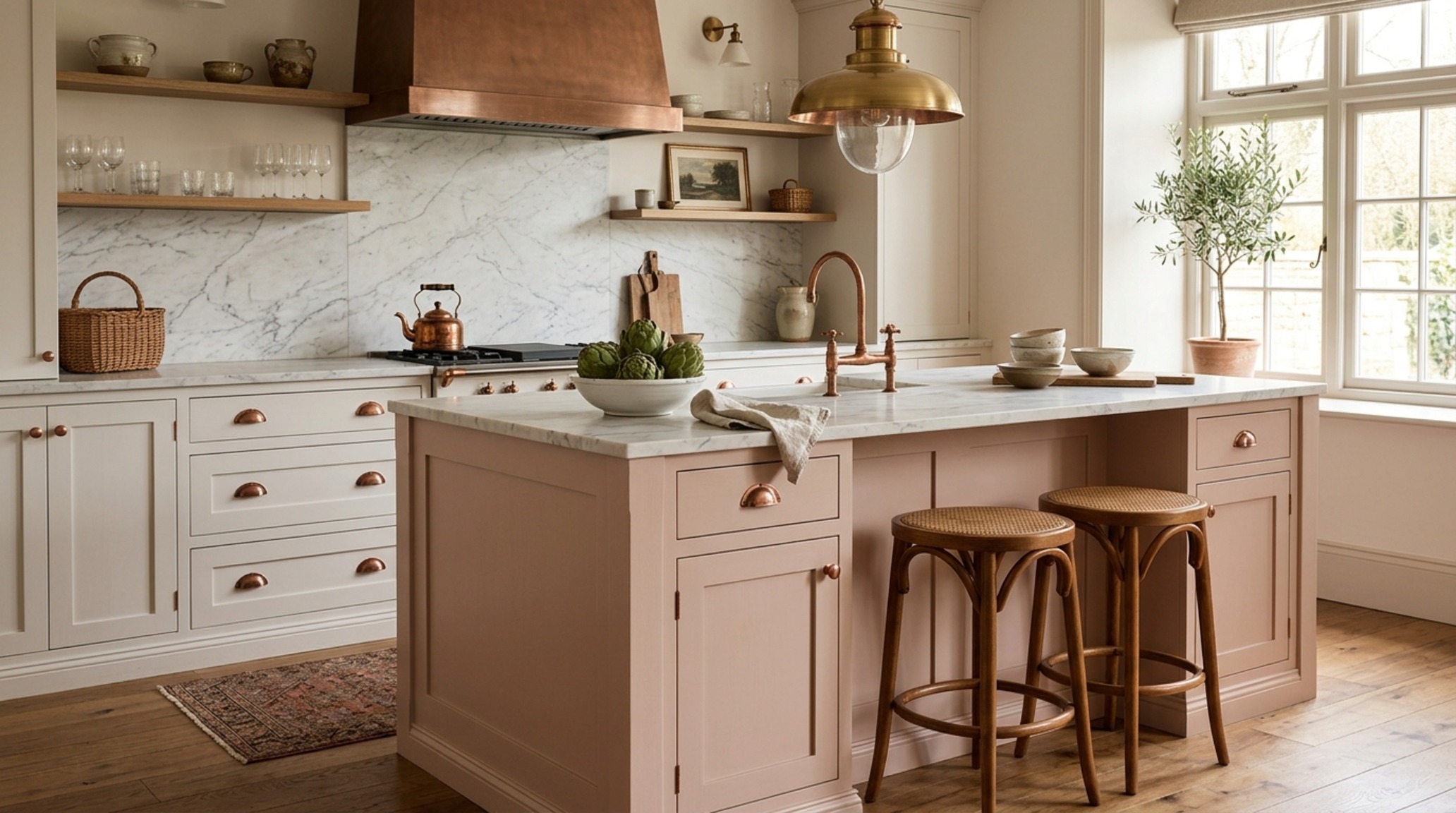 two-tone kitchen cabinetry palettes using 'Setting Plaster' pink on the island and 'Swiss Coffee' white on the walls.