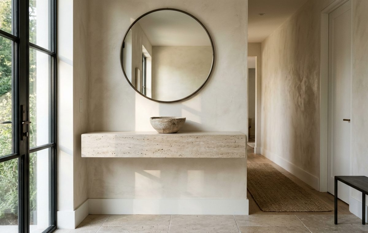 A high-end narrow foyer featuring a floating honed travertine console, soft morning light hitting limewash walls, and a minimalist organic ceramic vase.