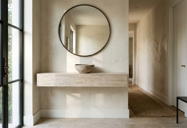 A high-end narrow foyer featuring a floating honed travertine console, soft morning light hitting limewash walls, and a minimalist organic ceramic vase.