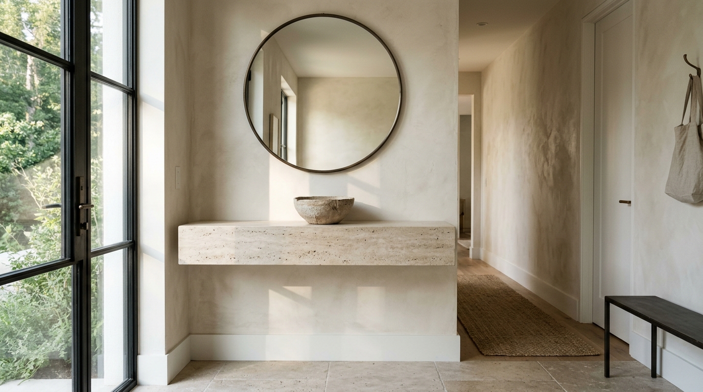 A high-end narrow foyer featuring a floating honed travertine console, soft morning light hitting limewash walls, and a minimalist organic ceramic vase. A high-end narrow foyer featuring a floating honed travertine console, soft morning light hitting limewash walls, and a minimalist organic ceramic vase.