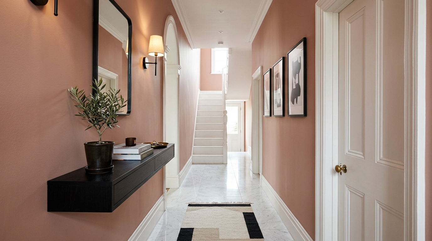 Hallway color palettes for small spaces featuring Farrow and Ball Setting Plaster walls and dark walnut accents. Hallway color palettes for small spaces featuring Farrow and Ball Setting Plaster walls and dark walnut accents.