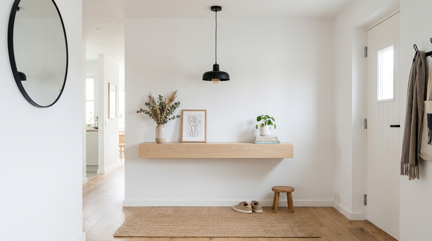 Scandinavian-style narrow entryway with light wood floating shelves and a simple black metal coat rack. Scandinavian-style narrow entryway with light wood floating shelves and a simple black metal coat rack.