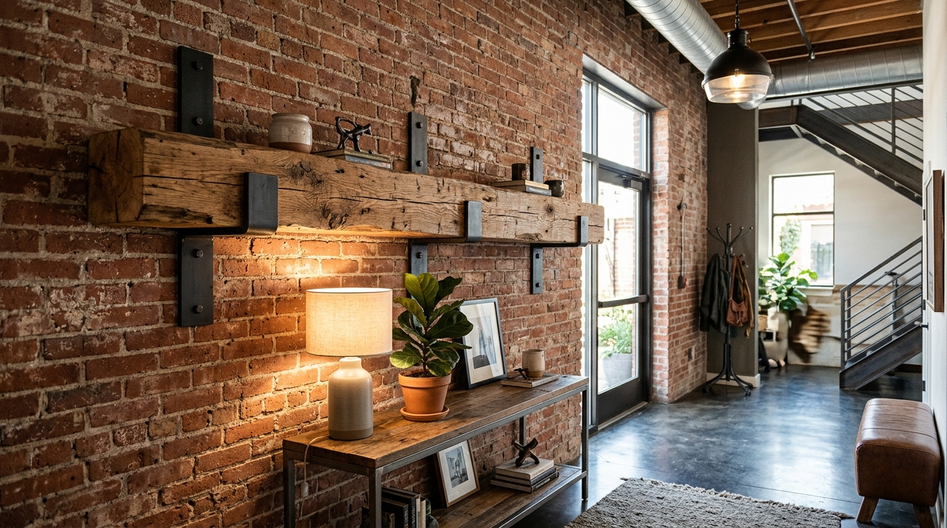 Industrial-chic foyer with a reclaimed wood floating beam and exposed brick walls, highlighting structural textures. Industrial-chic foyer with a reclaimed wood floating beam and exposed brick walls, highlighting structural textures.
