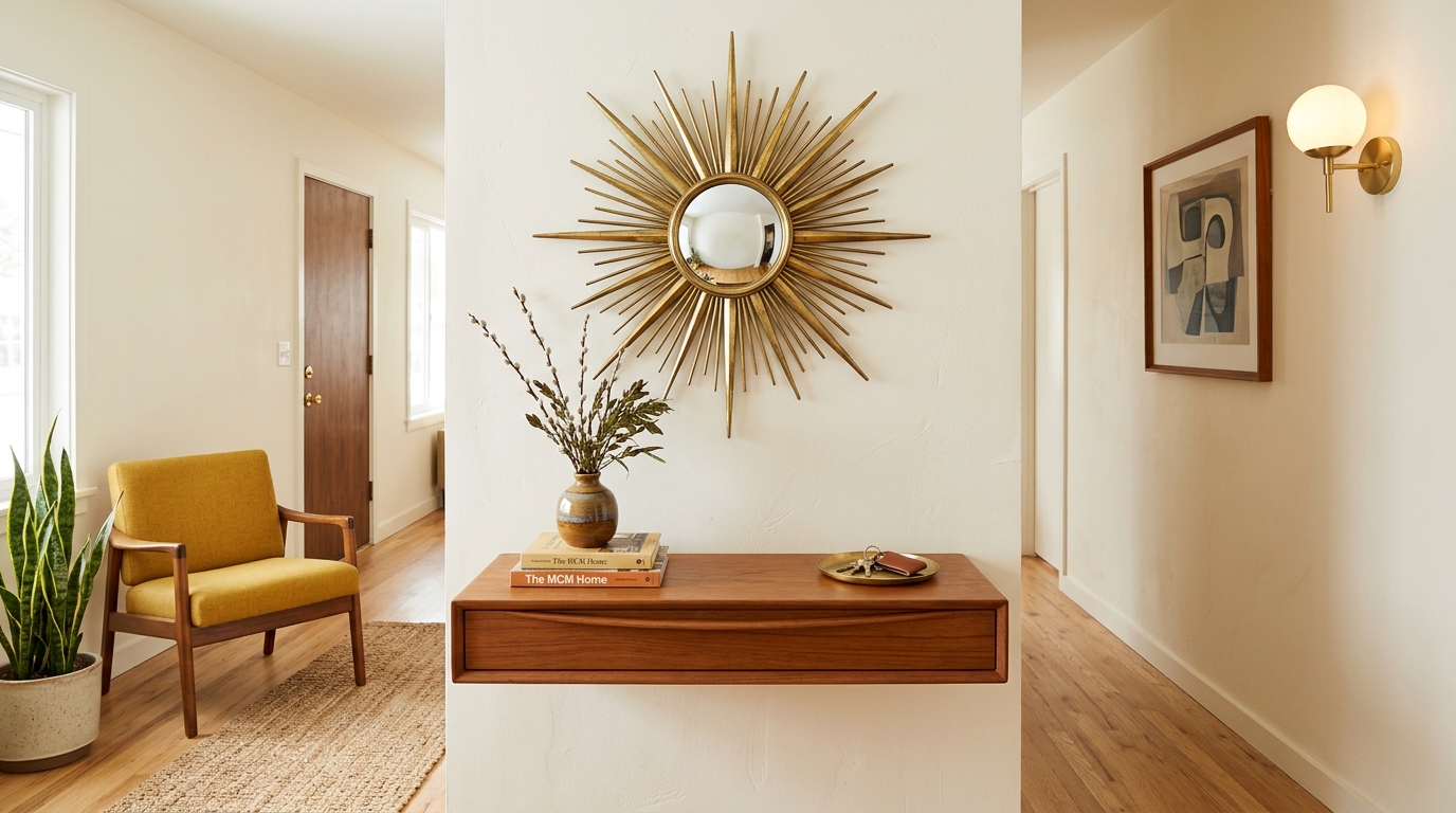 Mid-century modern entryway with a vintage floating teak console and a sunburst mirror. Mid-century modern entryway with a vintage floating teak console and a sunburst mirror.