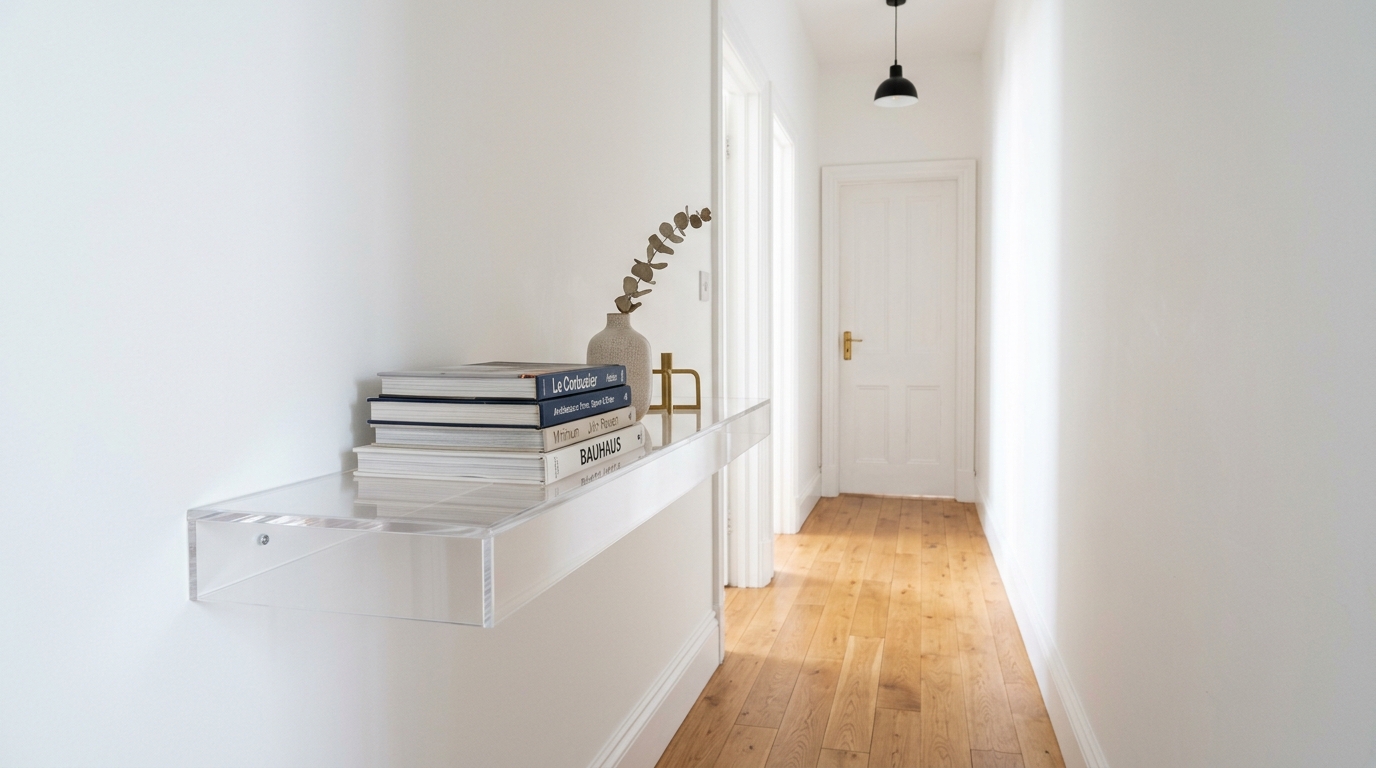Ultra-minimalist white-on-white foyer with an acrylic floating shelf and a single glass vase. Ultra-minimalist white-on-white foyer with an acrylic floating shelf and a single glass vase.
