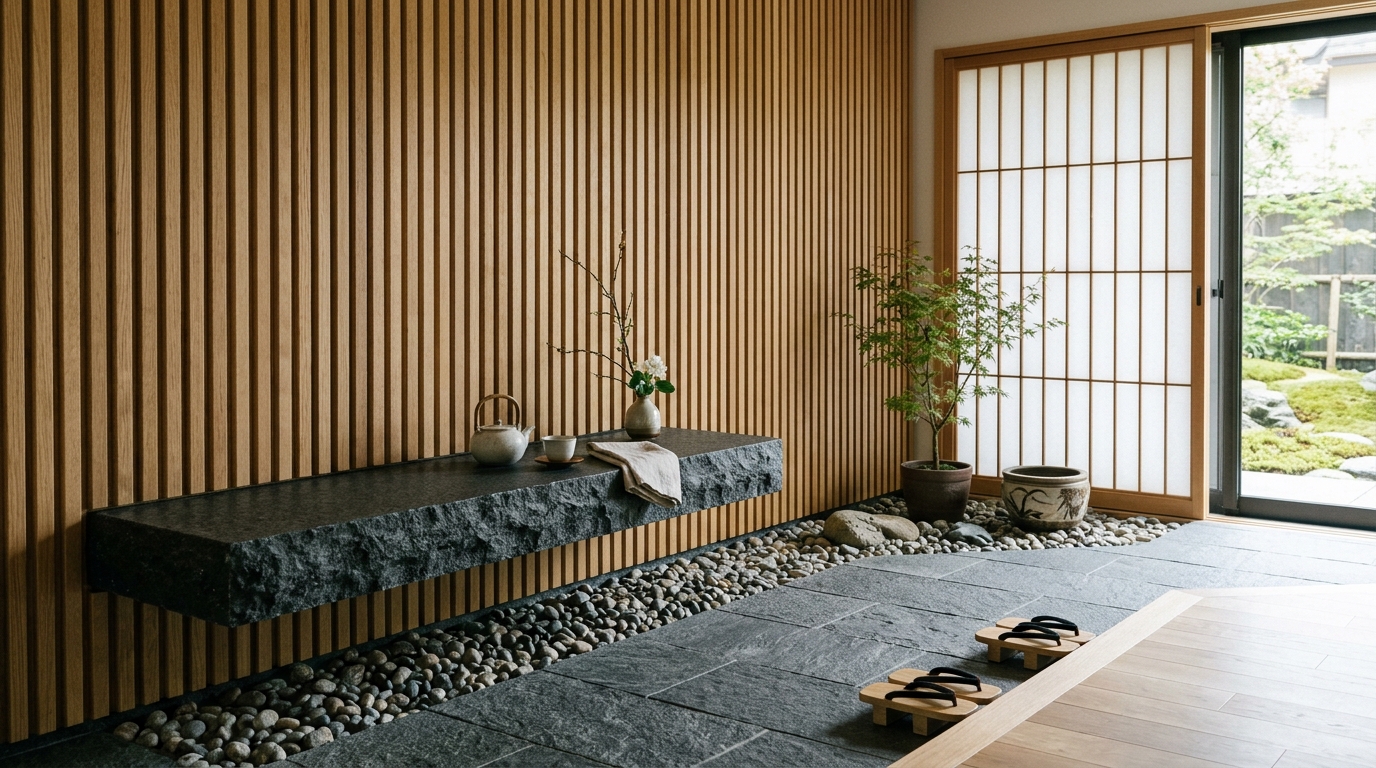 Japanese-inspired narrow entryway with slatted wood screens and a cantilevered stone bench. Japanese-inspired narrow entryway with slatted wood screens and a cantilevered stone bench.