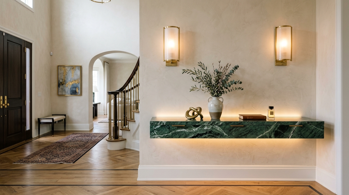 Traditional narrow foyer updated with a classic marble floating shelf and ornate brass wall sconces. Traditional narrow foyer updated with a classic marble floating shelf and ornate brass wall sconces.