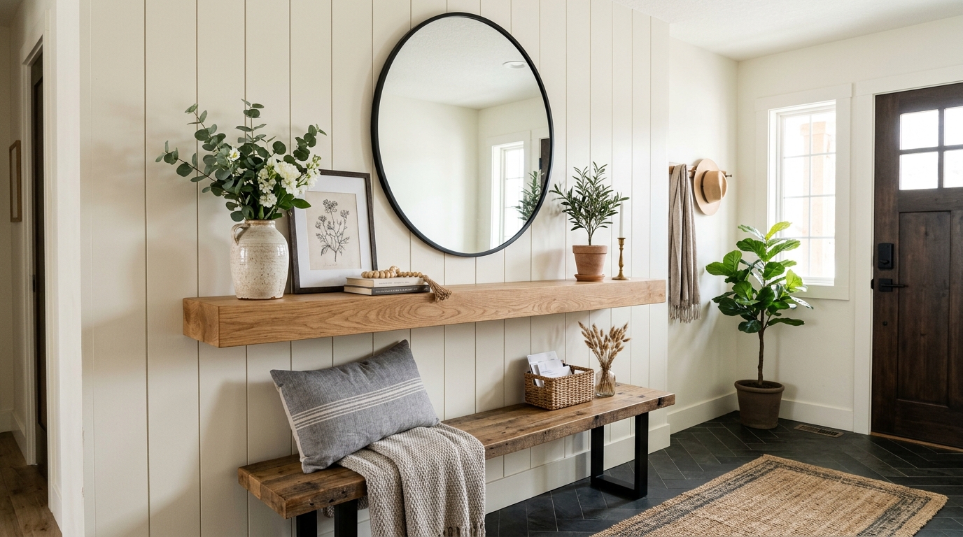 Modern farmhouse hallway with a rustic floating timber ledge and a large round black-framed mirror. Modern farmhouse hallway with a rustic floating timber ledge and a large round black-framed mirror.