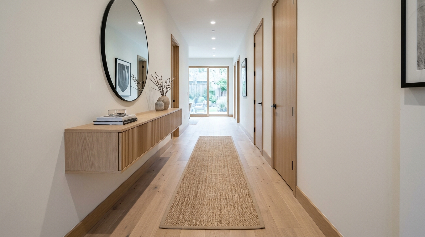 Architectural wide-angle shot of a narrow hallway showing 36-inch walkway clearance and a bespoke floating oak storage unit. Architectural wide-angle shot of a narrow hallway showing 36-inch walkway clearance and a bespoke floating oak storage unit.