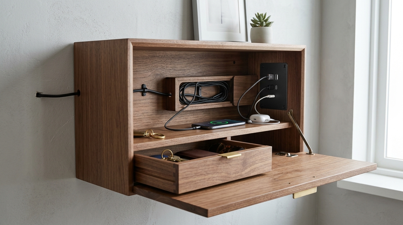 Smart home entryway hub with concealed charging ports inside a fluted floating cabinet. Smart home entryway hub with concealed charging ports inside a fluted floating cabinet.