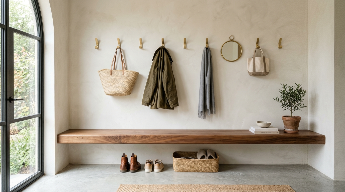 Minimalist mudroom corner with a floating bench and integrated wall-mounted hooks for a zero-footprint layout. Minimalist mudroom corner with a floating bench and integrated wall-mounted hooks for a zero-footprint layout.