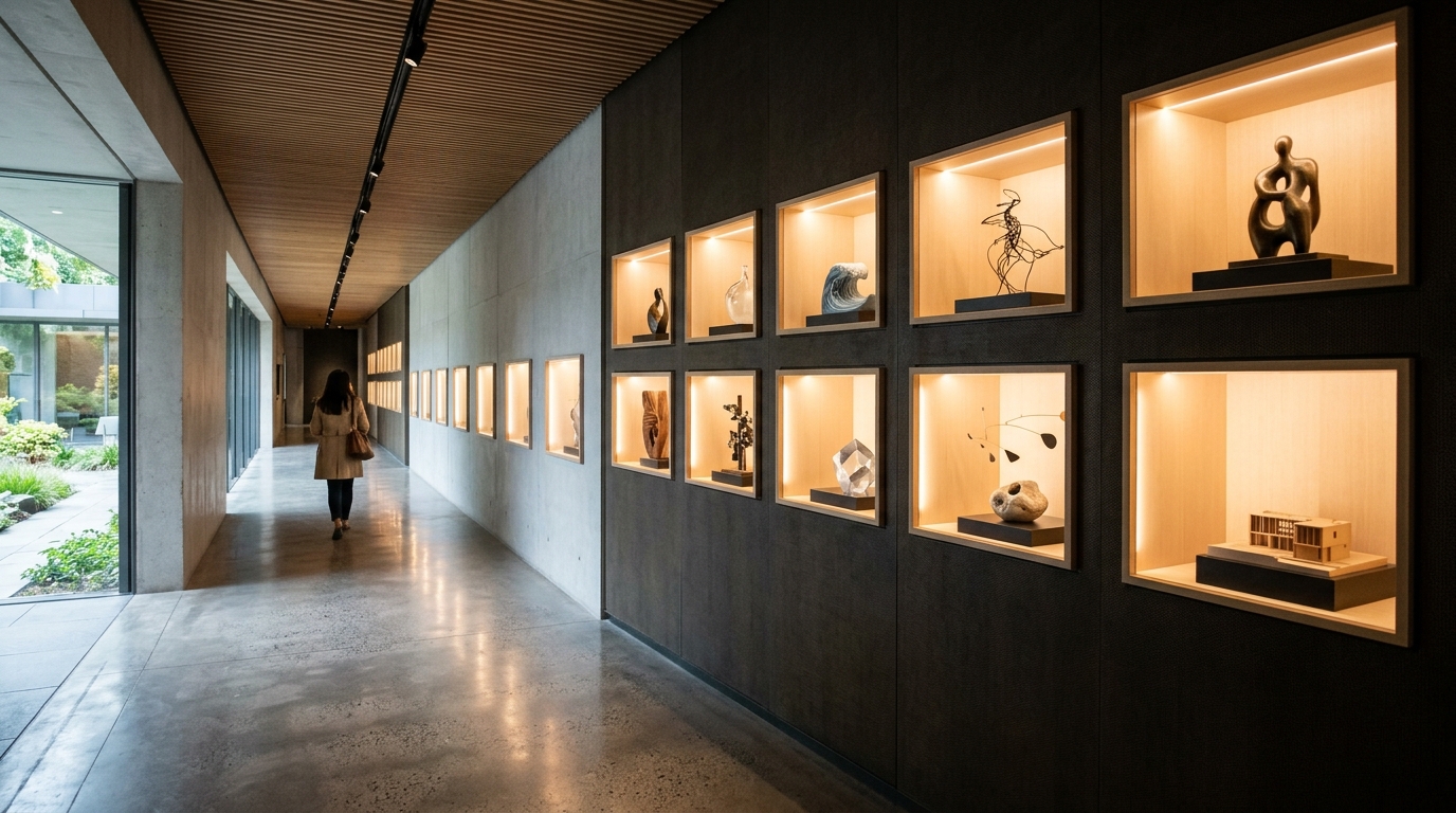 Gallery-style hallway with directional track lighting highlighting a series of floating display boxes. Gallery-style hallway with directional track lighting highlighting a series of floating display boxes.