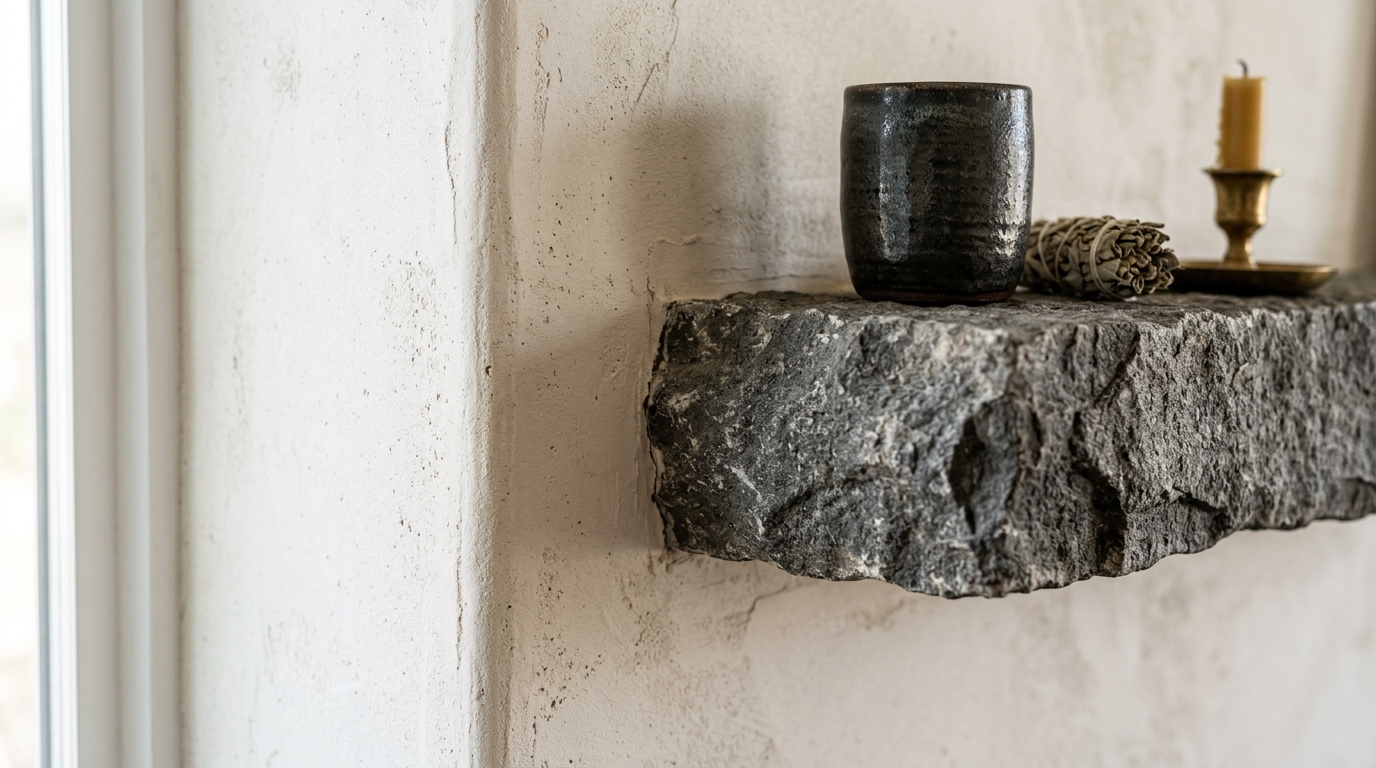 Tactile entryway design featuring a plaster-finish wall and a rough-hewn stone floating ledge. Tactile entryway design featuring a plaster-finish wall and a rough-hewn stone floating ledge.