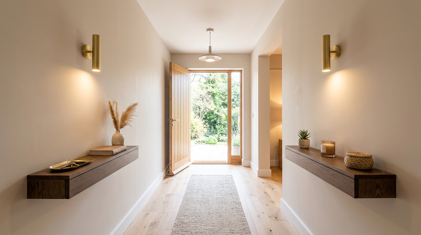 Symmetrical narrow foyer layout with twin floating shelves and matching vertical wall lights. Symmetrical narrow foyer layout with twin floating shelves and matching vertical wall lights.
