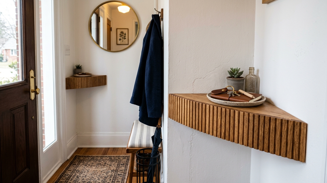 Compact entry nook with a floating triangular shelf designed specifically for tight corners. Compact entry nook with a floating triangular shelf designed specifically for tight corners.