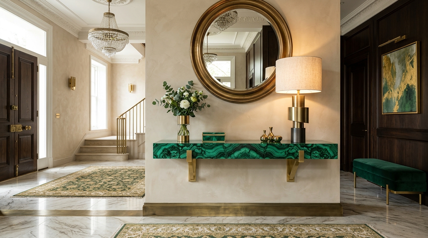 Luxe entryway with a floating malachite-topped console and brushed gold hardware accents. Luxe entryway with a floating malachite-topped console and brushed gold hardware accents.