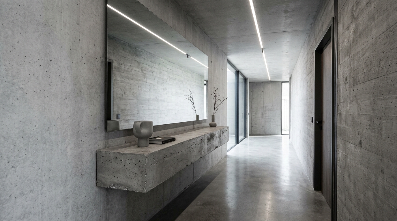 Monochromatic grey hallway with a concrete-finish floating shelf and architectural shadow-gap details. Monochromatic grey hallway with a concrete-finish floating shelf and architectural shadow-gap details.