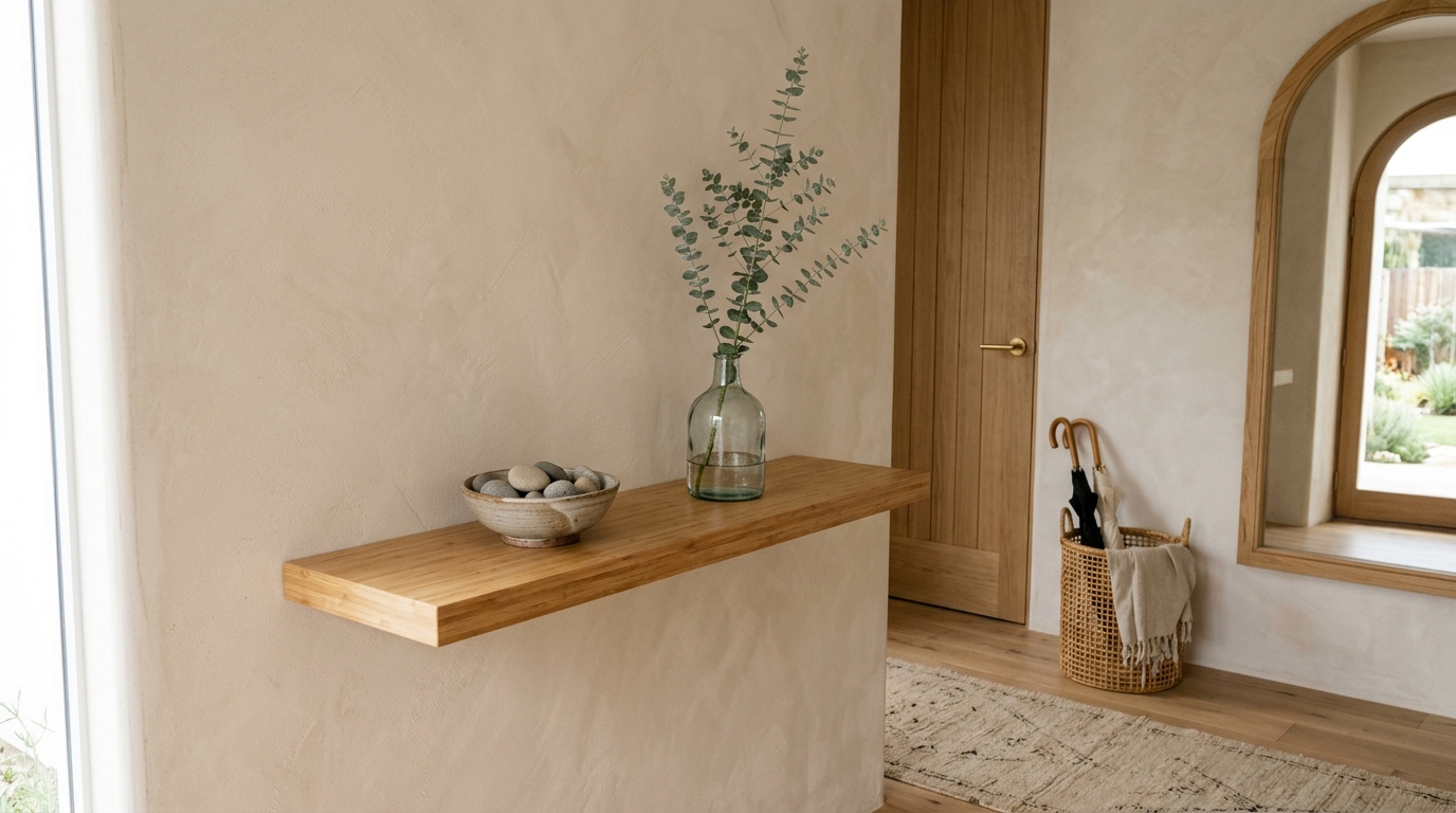 Zen-style entry with a floating bamboo ledge and a small indoor rock garden element under the shelf. Zen-style entry with a floating bamboo ledge and a small indoor rock garden element under the shelf.