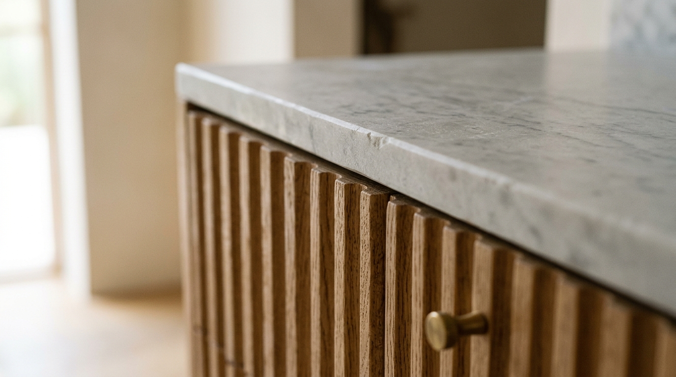 Macro detail of fluted white oak cabinetry and honed stone surface in a modern entryway, showcasing high-end tactile materials. Macro detail of fluted white oak cabinetry and honed stone surface in a modern entryway, showcasing high-end tactile materials.