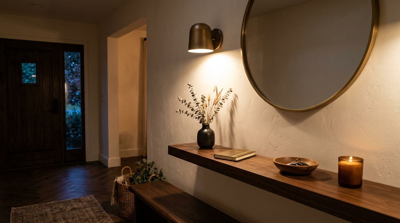 Atmospheric evening shot of an entryway with 2700K warm sconce lighting casting soft shadows across a minimalist drop-zone. Atmospheric evening shot of an entryway with 2700K warm sconce lighting casting soft shadows across a minimalist drop-zone.