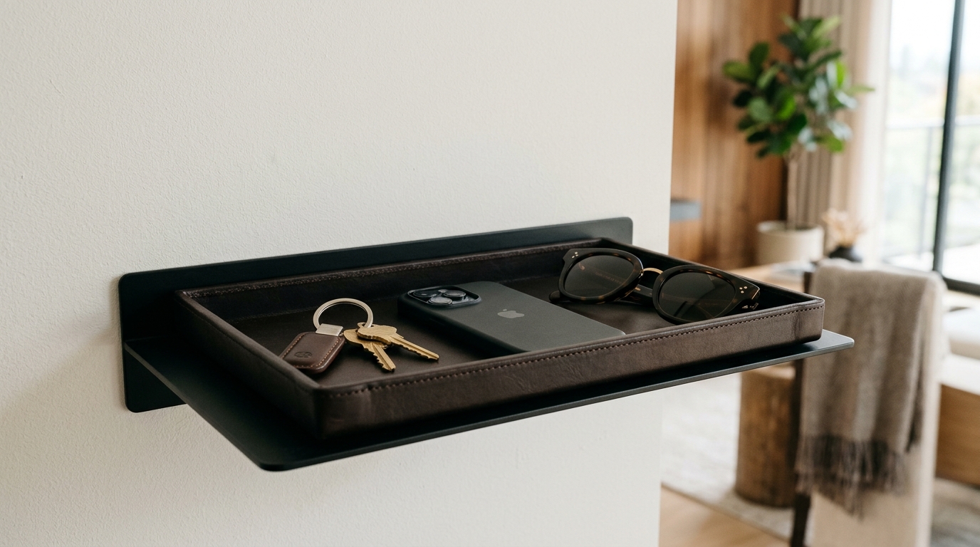 Ergonomic lifestyle shot of a leather-wrapped floating valet tray with keys and sunglasses, demonstrating functional entryway organization. Ergonomic lifestyle shot of a leather-wrapped floating valet tray with keys and sunglasses, demonstrating functional entryway organization.