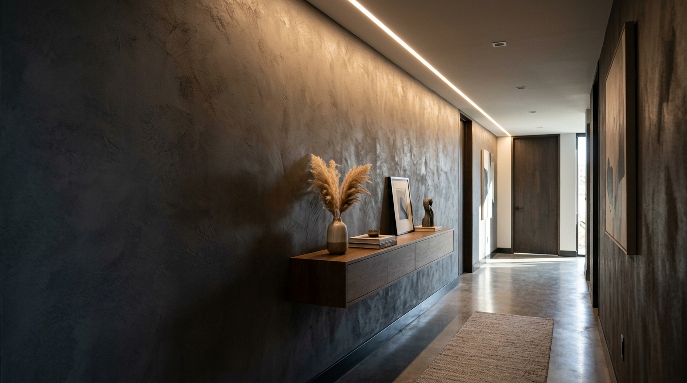 Modern hallway lighting fixtures illuminating a long narrow corridor with integrated ceiling coves and soft wall washes. Modern hallway lighting fixtures illuminating a long narrow corridor with integrated ceiling coves and soft wall washes.