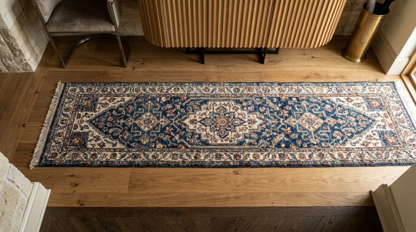 Narrow hallway runner rug with a geometric pattern grounding a minimalist white foyer with high-end architectural lines. Narrow hallway runner rug with a geometric pattern grounding a minimalist white foyer with high-end architectural lines.