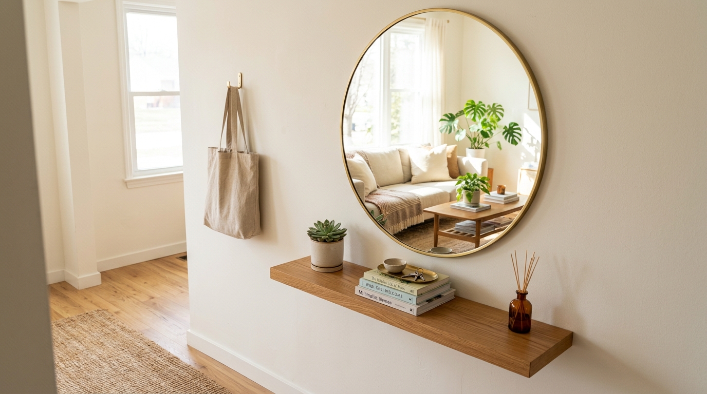 Small entryway console table with mirror showing a floor-to-ceiling reflection that expands the visual width of the space. Small entryway console table with mirror showing a floor-to-ceiling reflection that expands the visual width of the space.