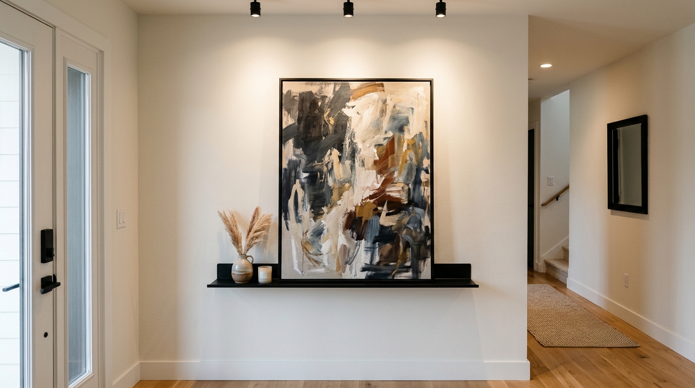 Narrow foyer wall decor featuring a single oversized abstract painting above a slim brass floating ledge. Narrow foyer wall decor featuring a single oversized abstract painting above a slim brass floating ledge.