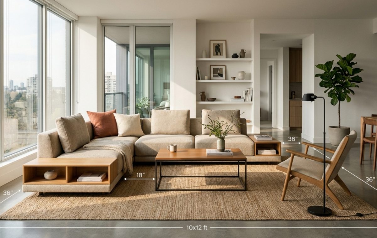 modern apartment furniture layout featuring a low-profile linen sofa and a multi-functional ottoman in a sun-drenched living room with 36-inch circulation paths.