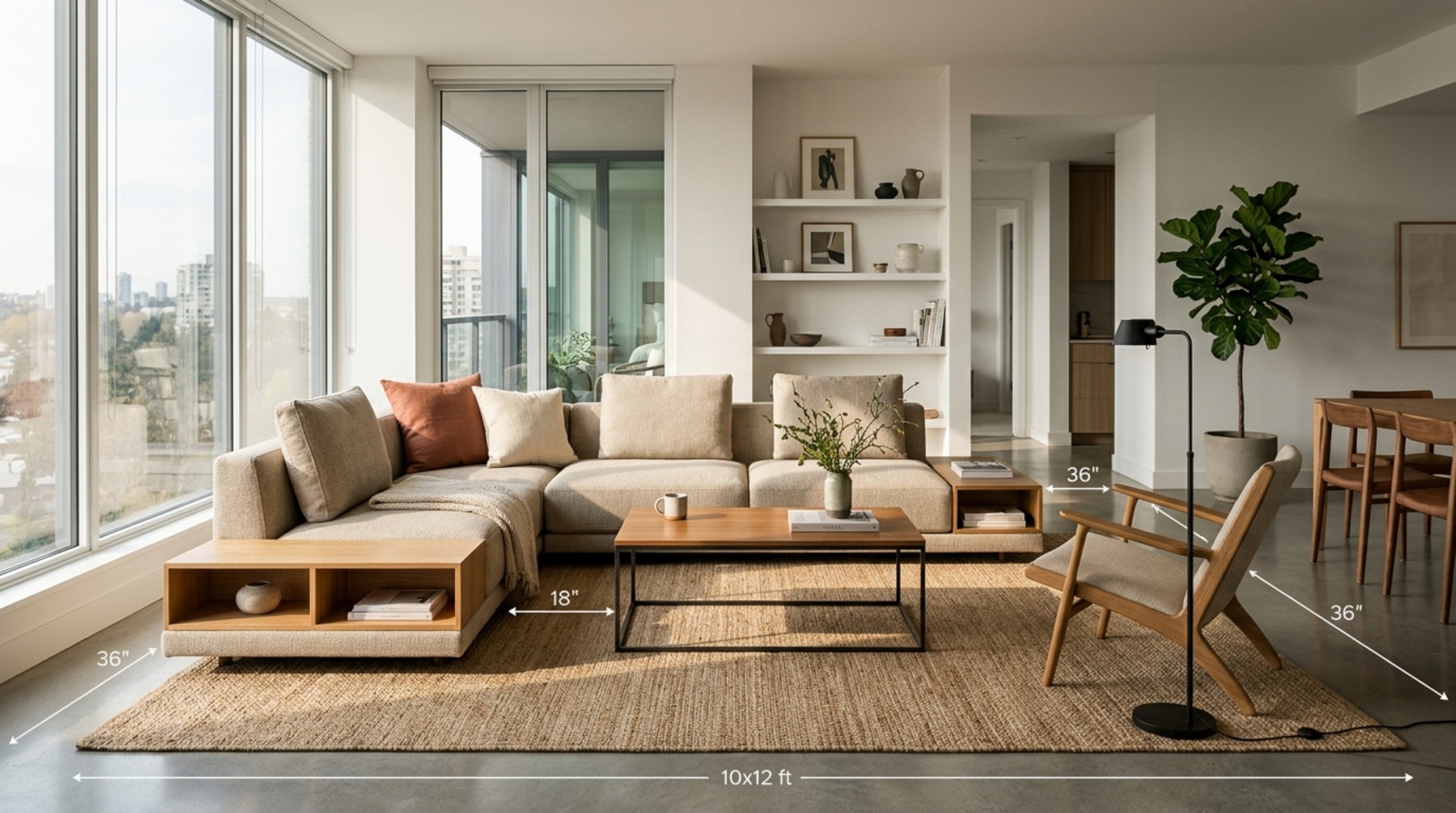 modern apartment furniture layout featuring a low-profile linen sofa and a multi-functional ottoman in a sun-drenched living room with 36-inch circulation paths. modern apartment furniture layout featuring a low-profile linen sofa and a multi-functional ottoman in a sun-drenched living room with 36-inch circulation paths.