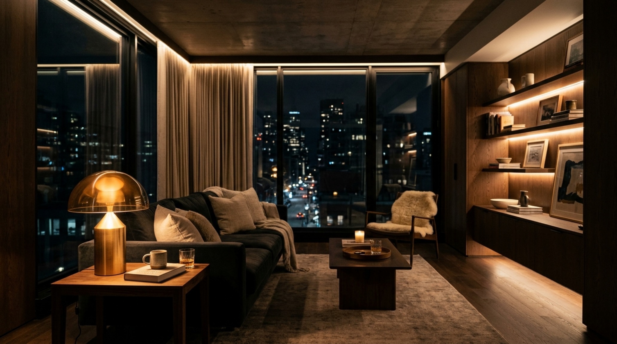apartment living room styling with a focus on tactile grounding and layered lighting to create a warm, inviting atmosphere at night. apartment living room styling with a focus on tactile grounding and layered lighting to create a warm, inviting atmosphere at night.