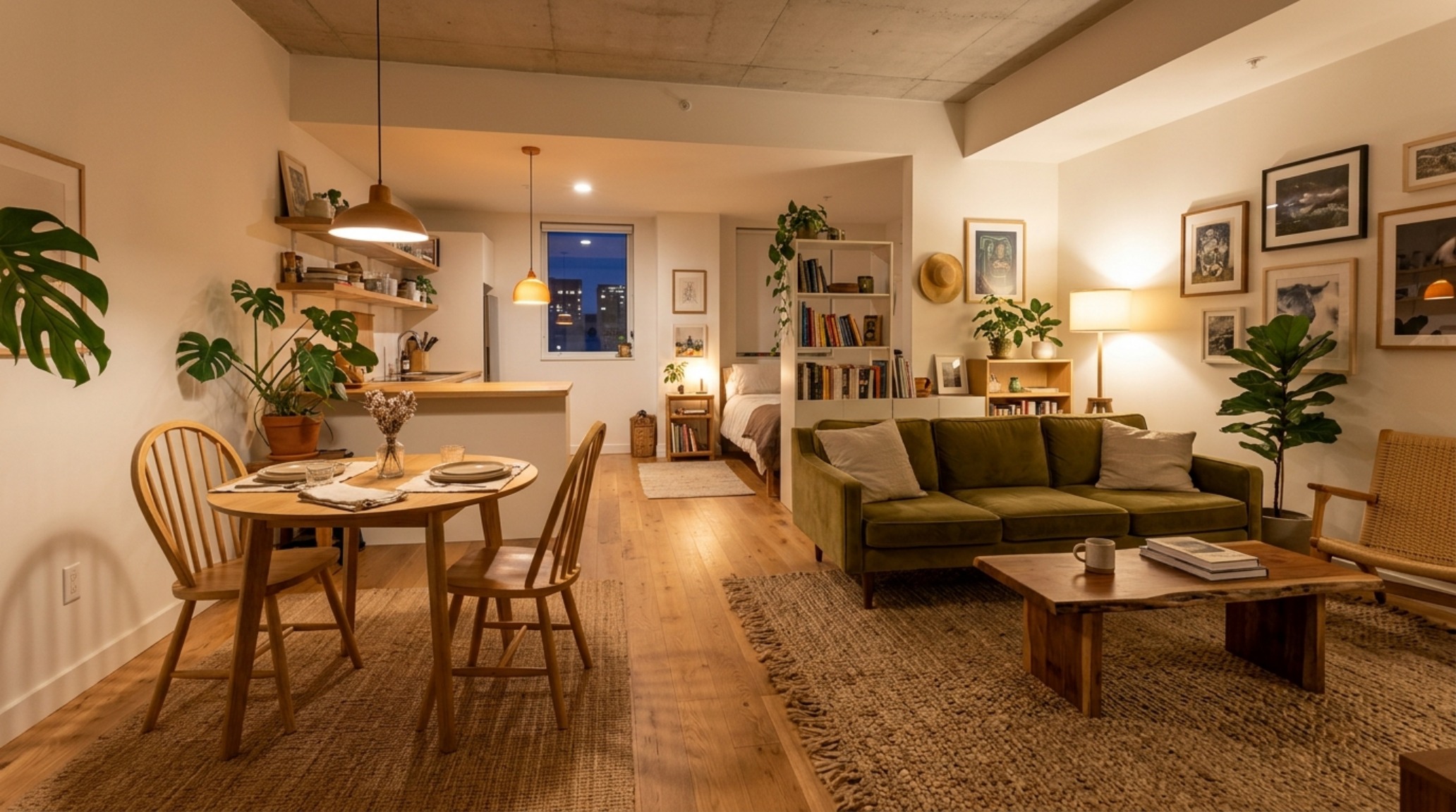 studio apartment zoning techniques using a large jute area rug and strategic furniture placement to separate the lounge from the dining area. studio apartment zoning techniques using a large jute area rug and strategic furniture placement to separate the lounge from the dining area.