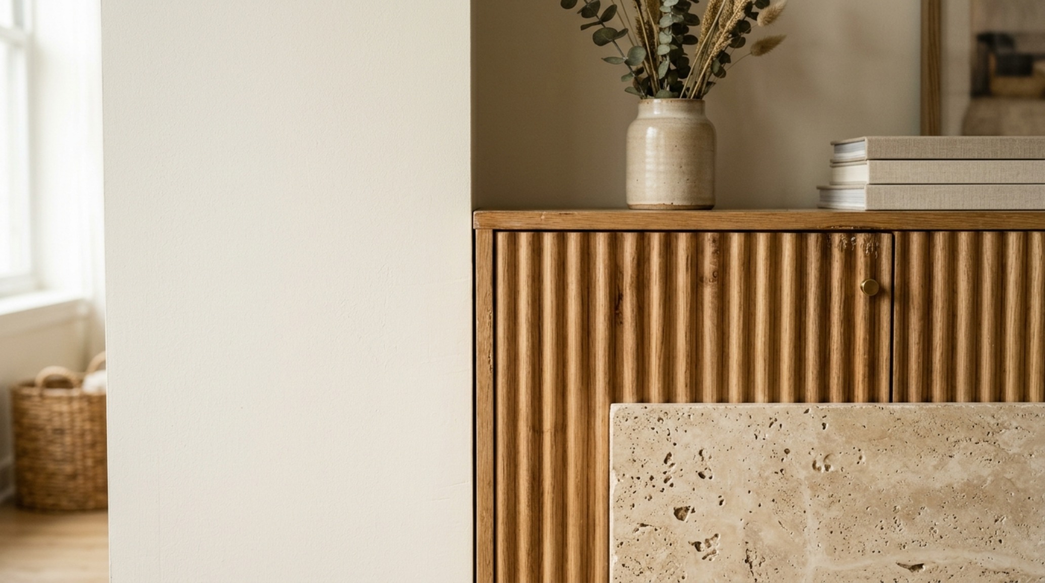 neutral apartment color schemes showcased through Benjamin Moore Swiss Coffee walls and a mix of fluted oak and honed travertine textures. neutral apartment color schemes showcased through Benjamin Moore Swiss Coffee walls and a mix of fluted oak and honed travertine textures.