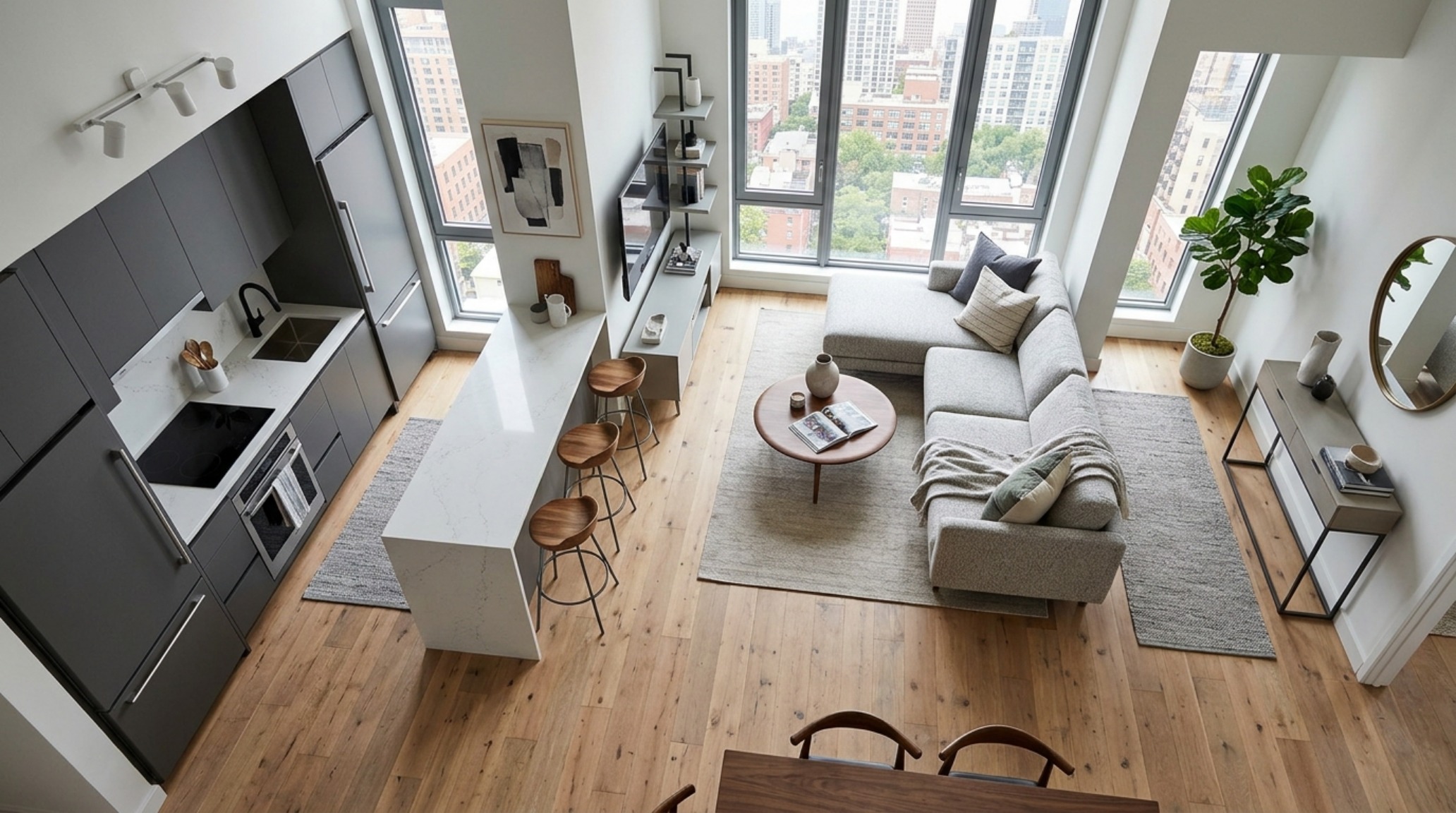 modern apartment furniture layout with a focus on negative space and sightline alignment in a compact urban studio. modern apartment furniture layout with a focus on negative space and sightline alignment in a compact urban studio.
