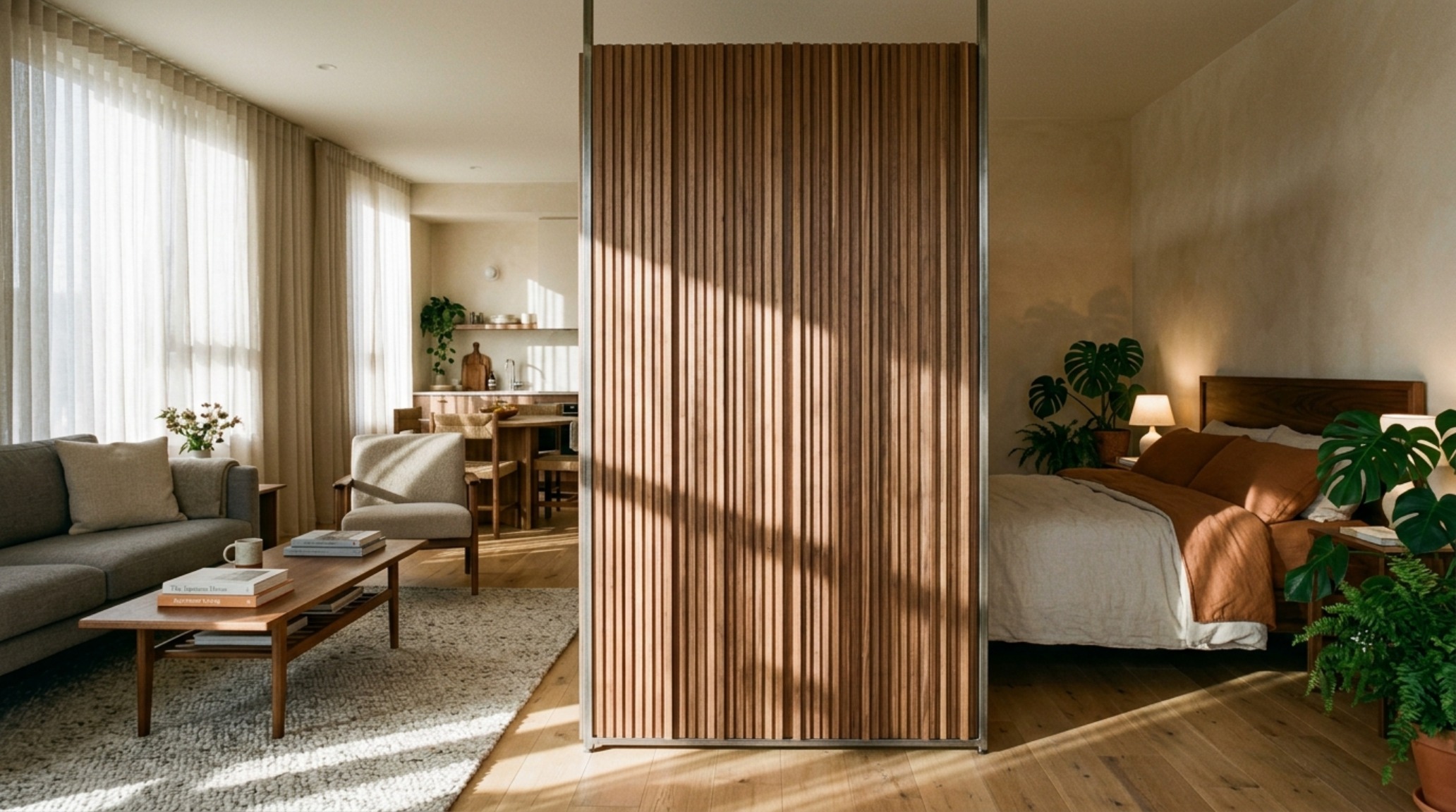 studio apartment zoning techniques utilizing a floating open-shelf unit as a transparent room divider between the sleeping and living zones. studio apartment zoning techniques utilizing a floating open-shelf unit as a transparent room divider between the sleeping and living zones.