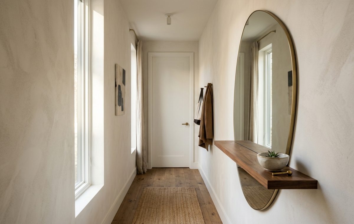 Hero shot of an organic shaped wall mirror with integrated walnut shelving in a narrow entryway, styled with minimalist ceramics and natural light.