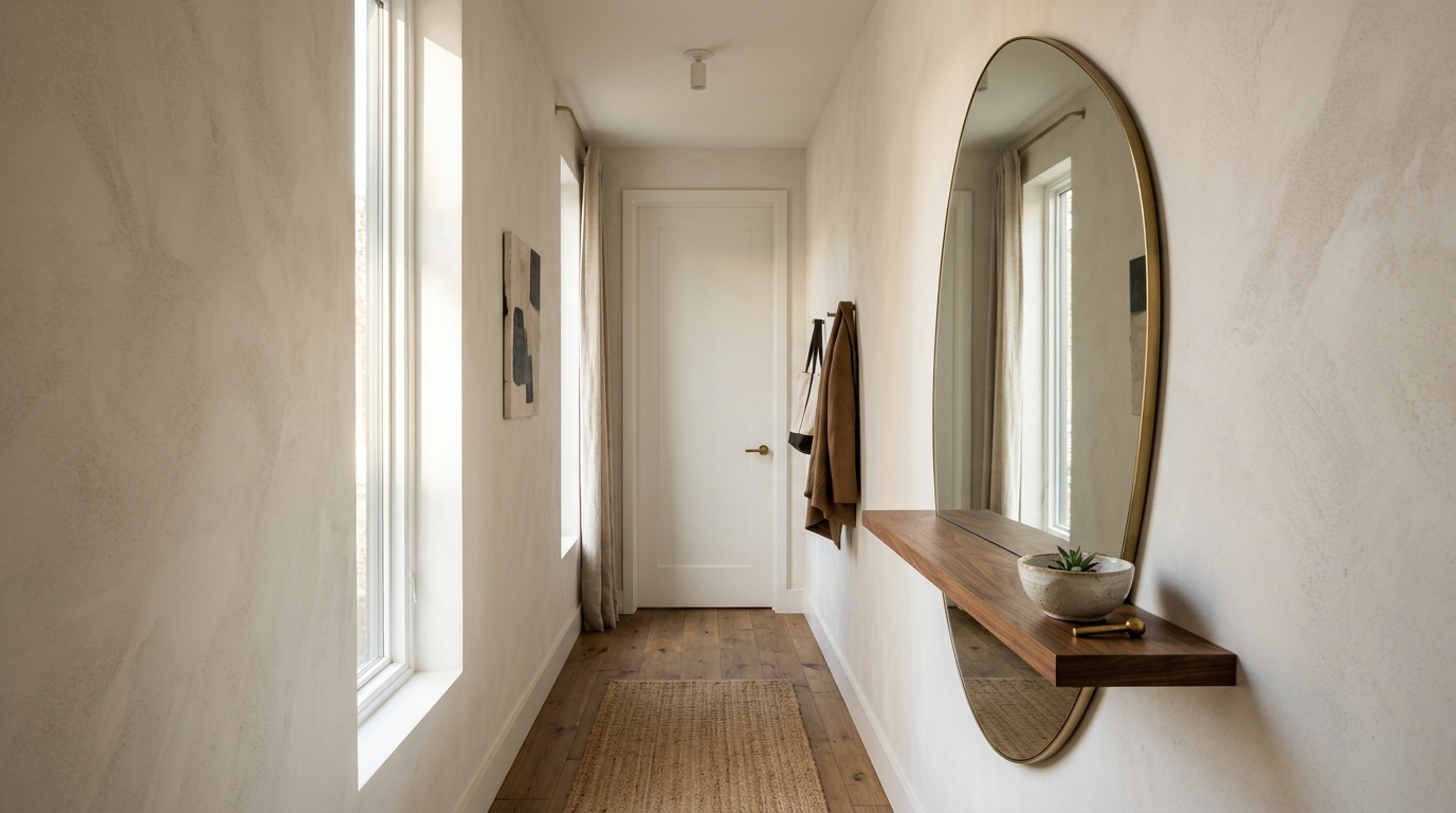 Hero shot of an organic shaped wall mirror with integrated walnut shelving in a narrow entryway, styled with minimalist ceramics and natural light. Hero shot of an organic shaped wall mirror with integrated walnut shelving in a narrow entryway, styled with minimalist ceramics and natural light.