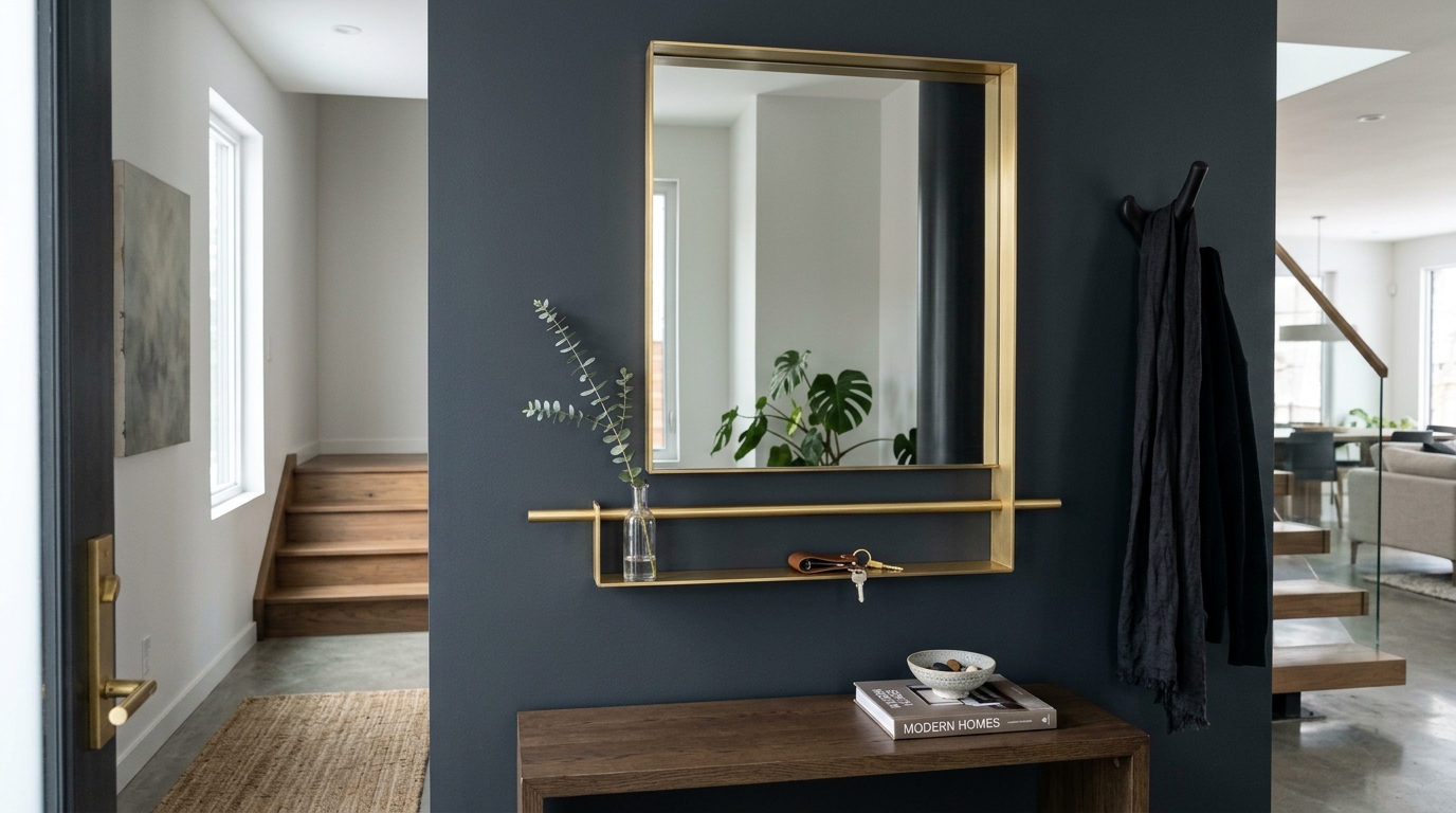 Brushed brass wall-mounted mirror with an integrated tray for sunglasses and keys in a contemporary foyer. Brushed brass wall-mounted mirror with an integrated tray for sunglasses and keys in a contemporary foyer.