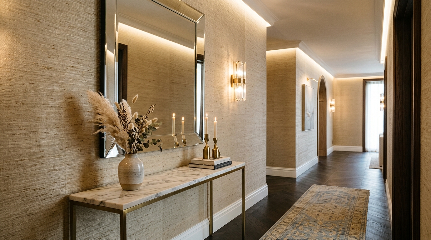 Tactile hallway design featuring a grasscloth wallpaper backdrop for a sleek frameless mirror. Tactile hallway design featuring a grasscloth wallpaper backdrop for a sleek frameless mirror.
