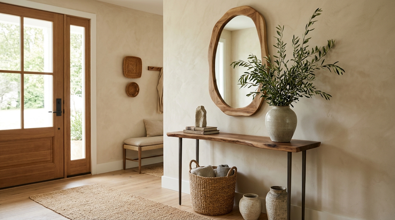 Lush entryway with a narrow console table, a small accent mirror, and a tall ceramic vase with olive branches. Lush entryway with a narrow console table, a small accent mirror, and a tall ceramic vase with olive branches.