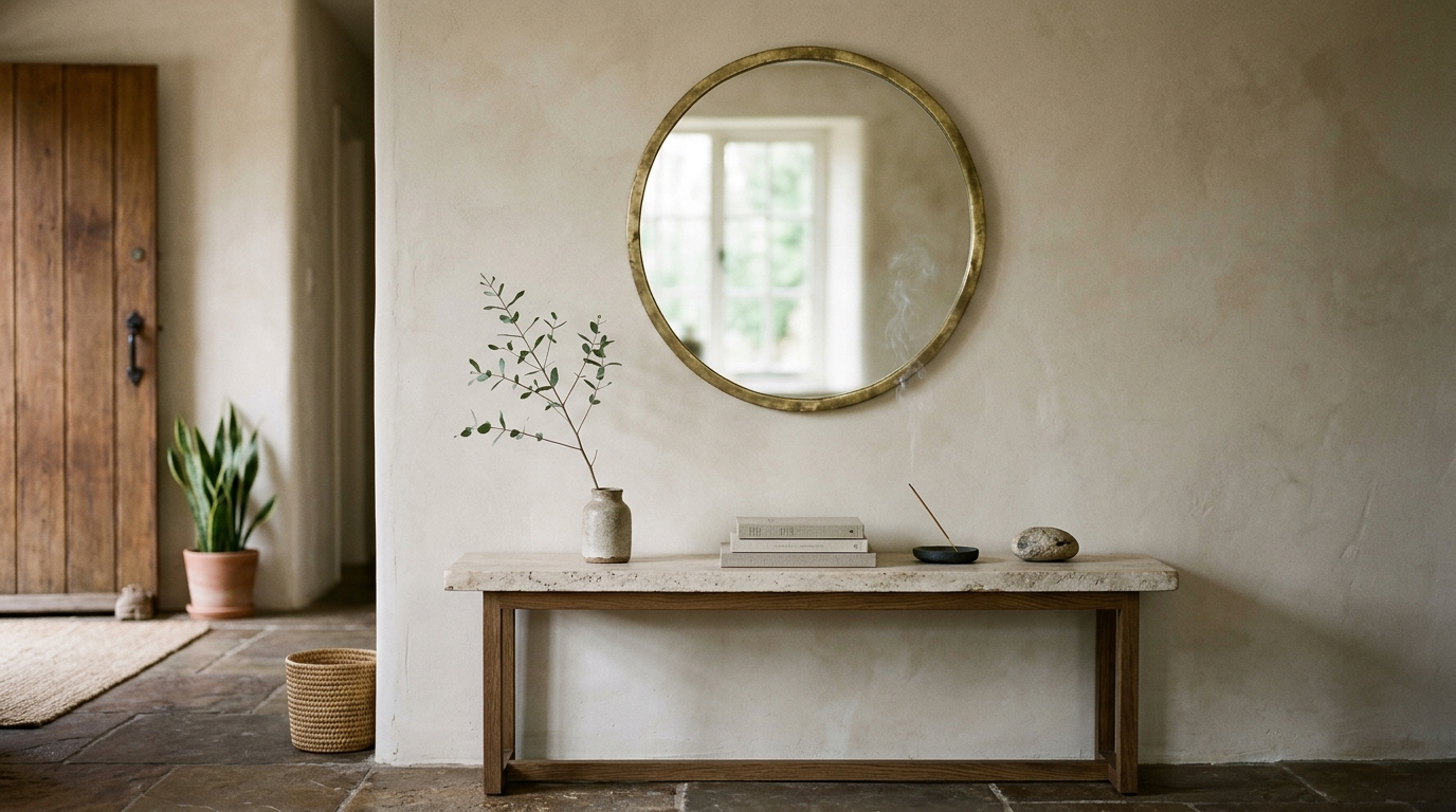 Zen-inspired entry with a stone pebble floor detail and a simple wood-framed mirror in a narrow corridor. Zen-inspired entry with a stone pebble floor detail and a simple wood-framed mirror in a narrow corridor.